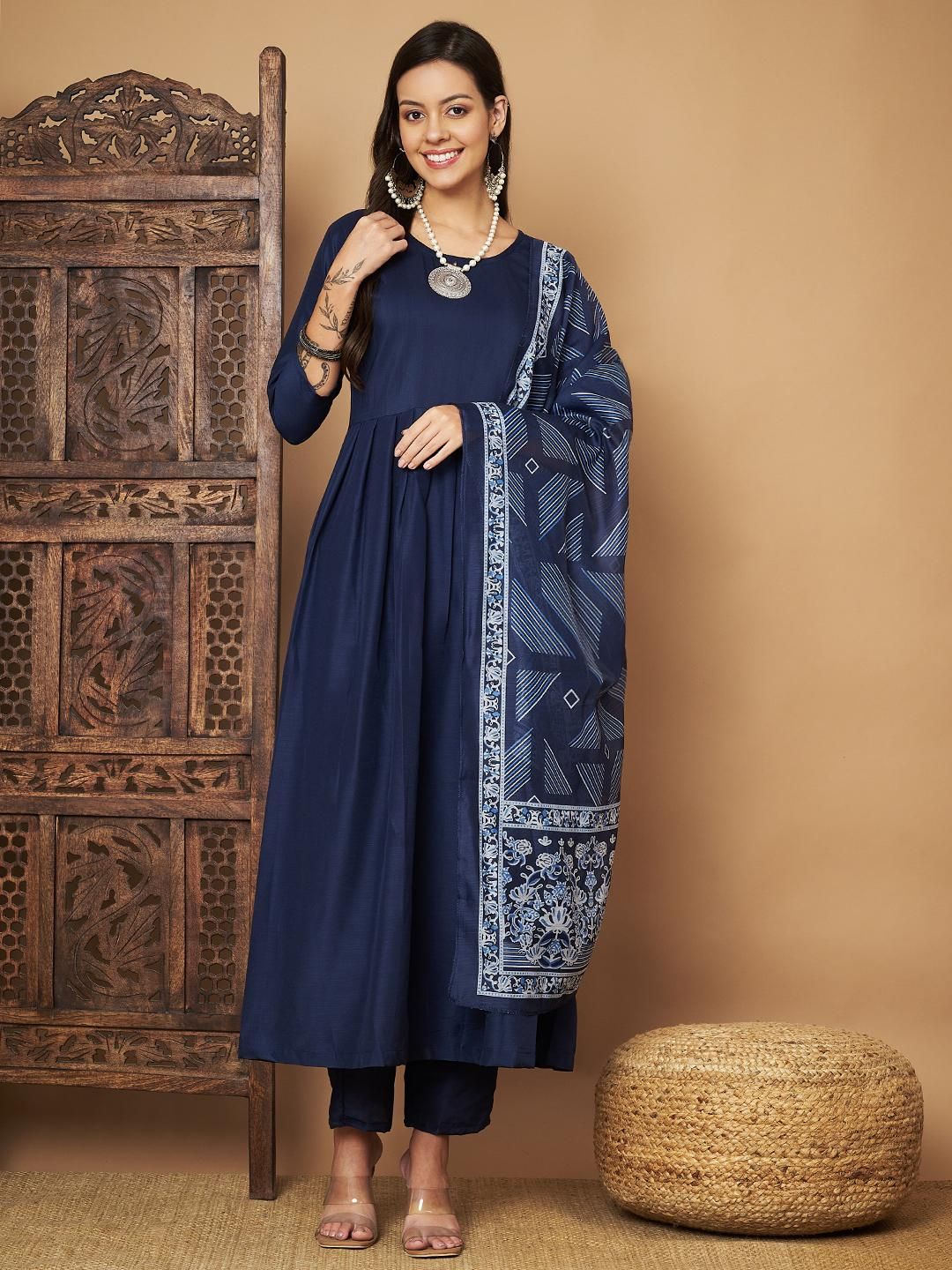 Women Anarkali Kurta with Pants Floral Print Dupatta