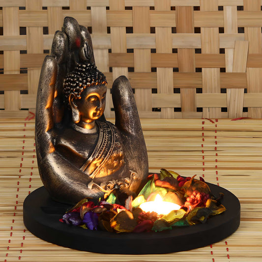 eCraftIndia Copper Finish Handcrafted Palm Buddha Decorative Showpiece with Wooden Base, Fragranced Petals and Tealight