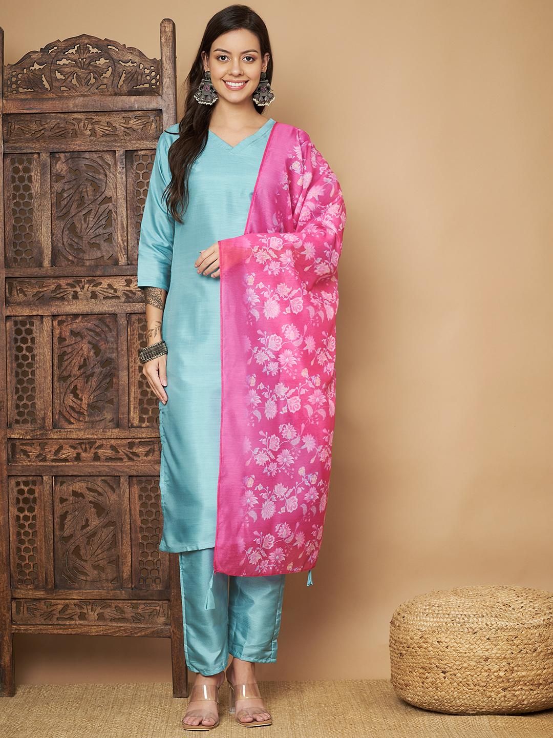 Women Straight Kurta with Floral Print Dupatta