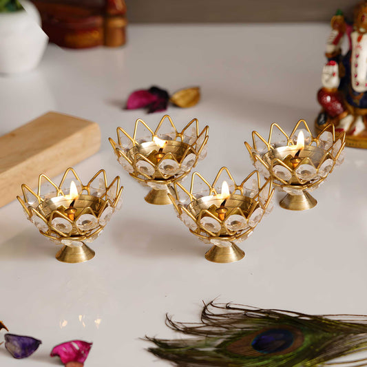 eCraftIndia Set of 4 Lotus Shape Crystal Tea Light Holder