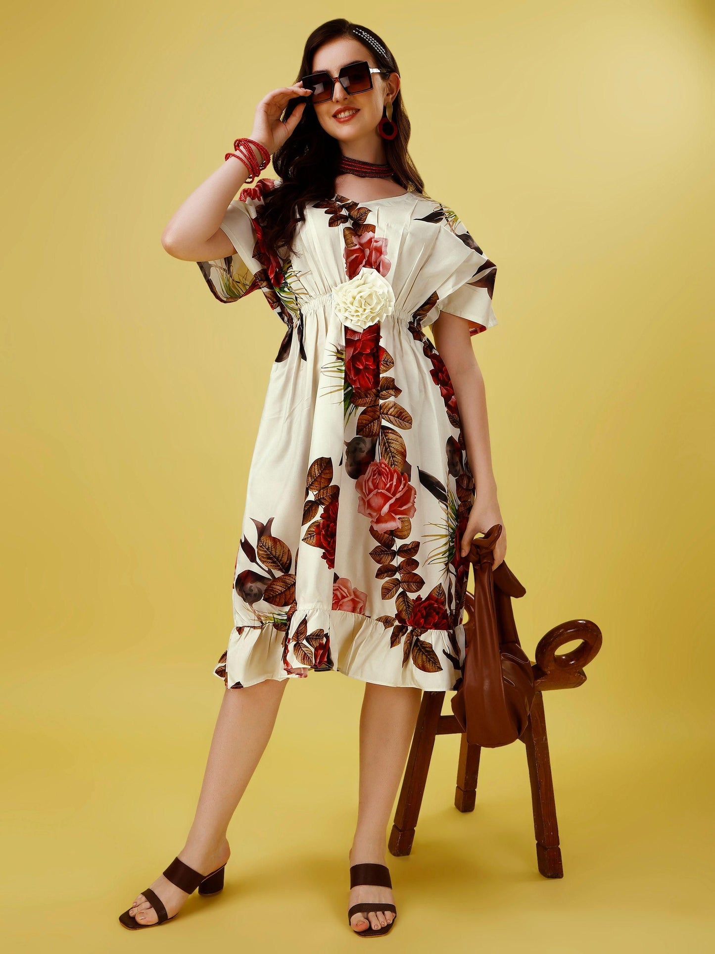 Women's Crepe Floral Print Flared Midi Dress