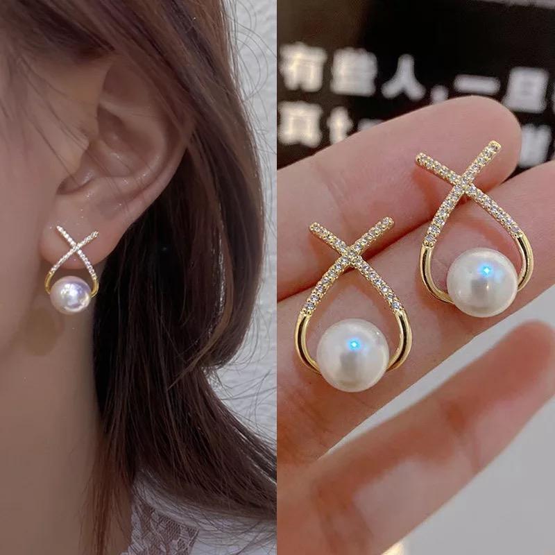 AVR JEWELS Korean Studded Cross Pearl Stud Earrings For Women And Girls 2 Pcs/Set