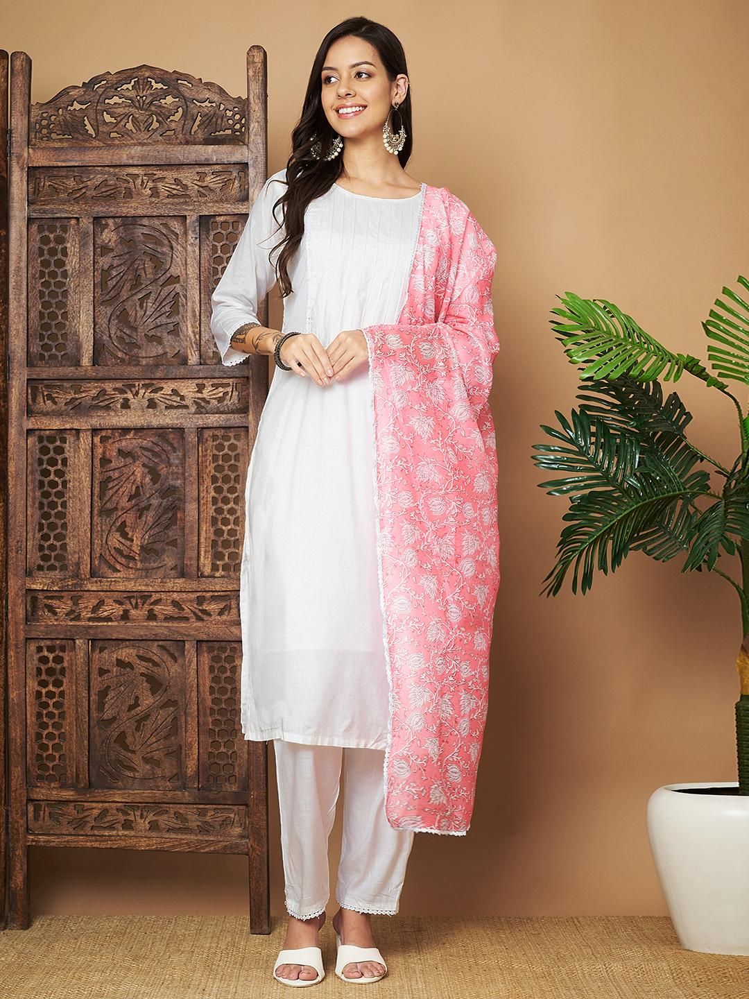 Women Embroidered Straight Kurta Pant With Dupatta Set