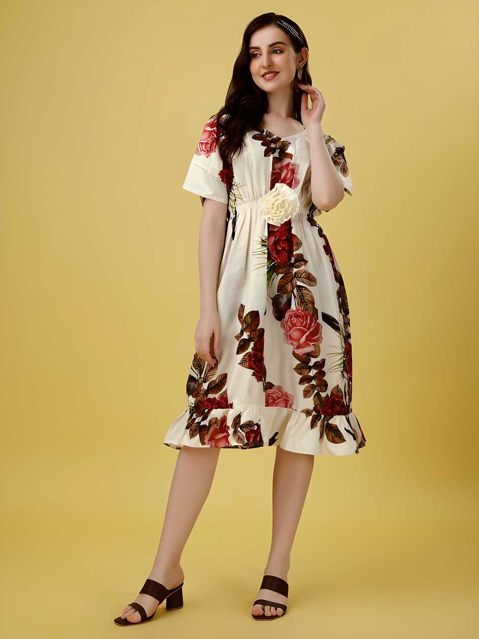 Women's Crepe Floral Print Flared Midi Dress